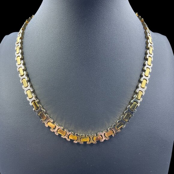 Vintage Two Tone Gold Silver Link Necklace Earrings Set Modern Retro Statement - Picture 2 of 10